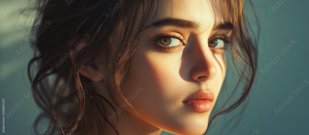 Aufkleber Attractive woman in a plain background captured in a studio with soft lighting featuring an intriguing expression and dramatic light effects. with copy space image. Place for adding text or design
