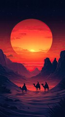 Fototapeta premium A caravan of three camels travels across the desert under a large, fiery, red sun.