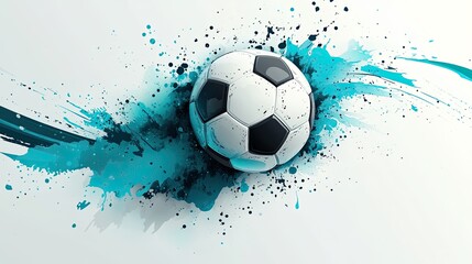A classic white and black soccer ball in a burst of blue and black paint.