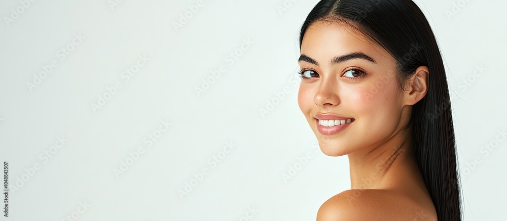 Poster beautiful woman with straight black hair smooth skin and a smiling pose with open shoulders set agai