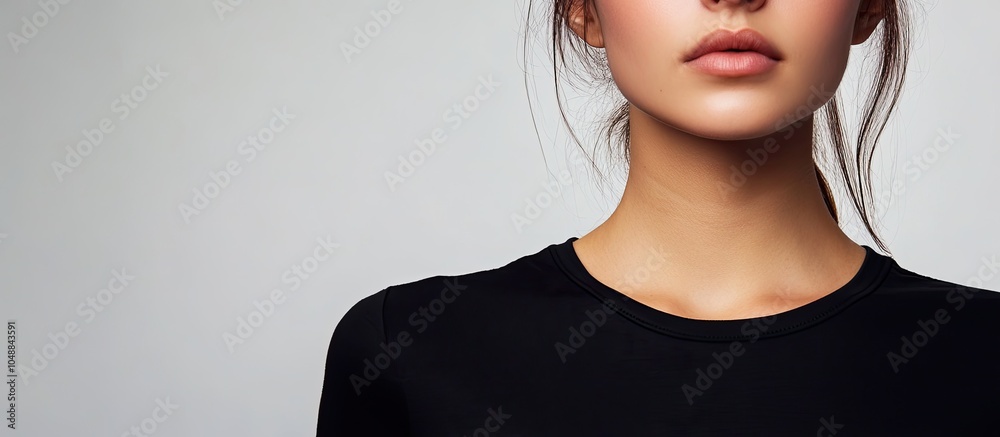 Poster woman in a black t shirt against a light grey background close up. with copy space image. place for 