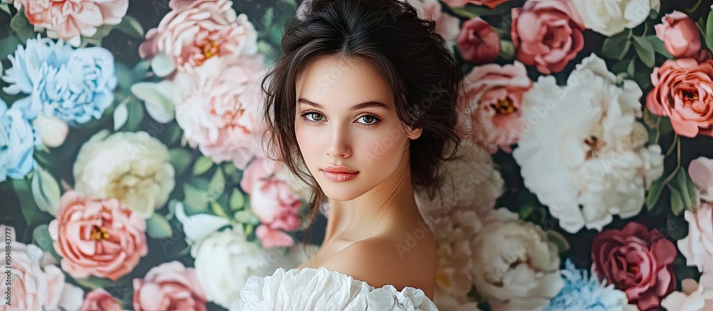 Poster full length portrait of an attractive young brunette woman in a studio against a floral wall backdro