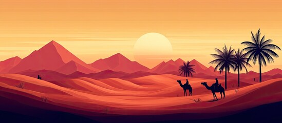 Two camels with riders silhouetted against an orange sunset in a desert landscape with mountains and palm trees.