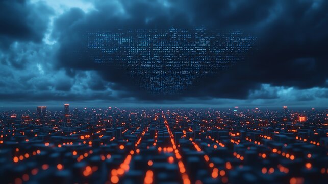 A city s lights flickering as a digital storm of code swirls above, representing a silent cyber coup, Silent coup causing digital blackout, cyber disruption and control concept