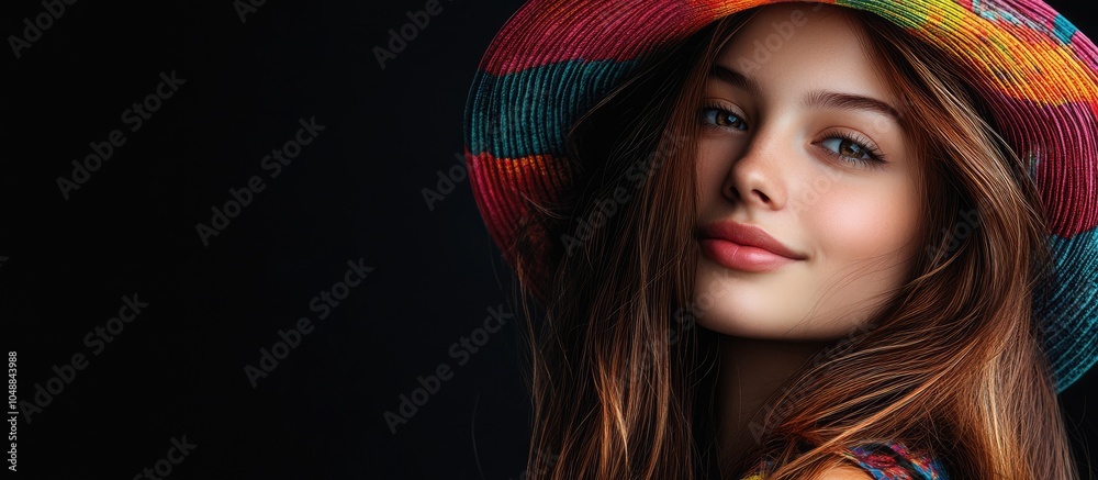 Poster joyful girl wearing a vibrant hat and having long brown hair urban setting with a black backdrop. wi