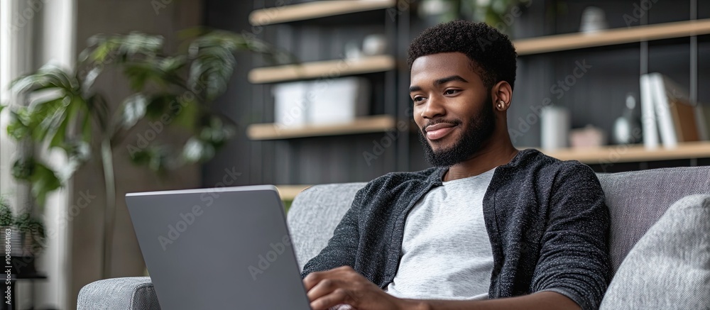 Poster Smiling young professional using a laptop while sitting on a couch in a contemporary office. with copy space image. Place for adding text or design