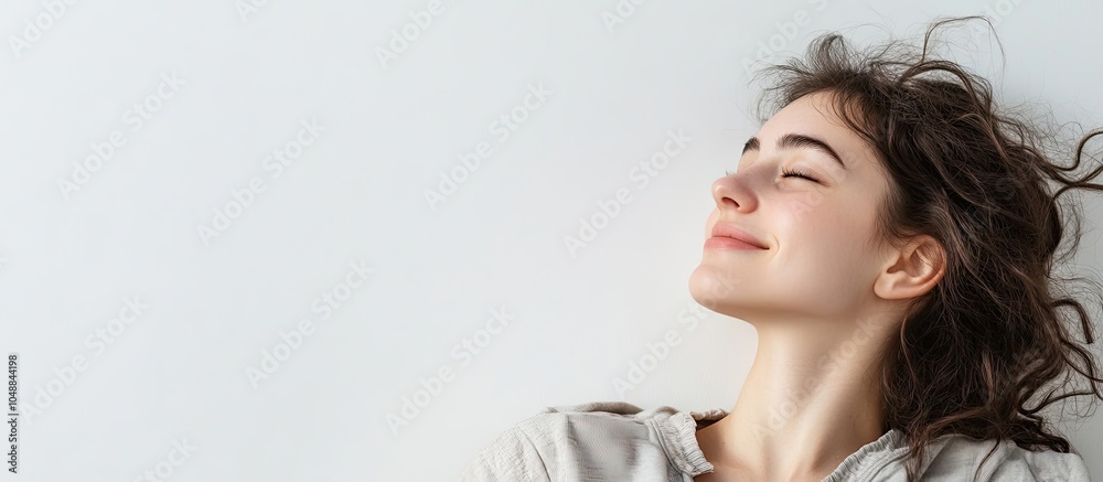Aufkleber profile of a smiling beautiful woman lying on the floor against a white background gazing ahead at e