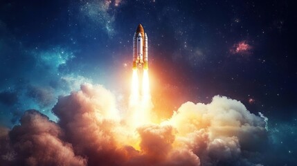 Spacecraft leaving Earth surface, rocketing into the sky with a powerful launch.