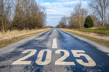 New year 2025 or start straight and beginning concept. number 2025 start written on the road .
