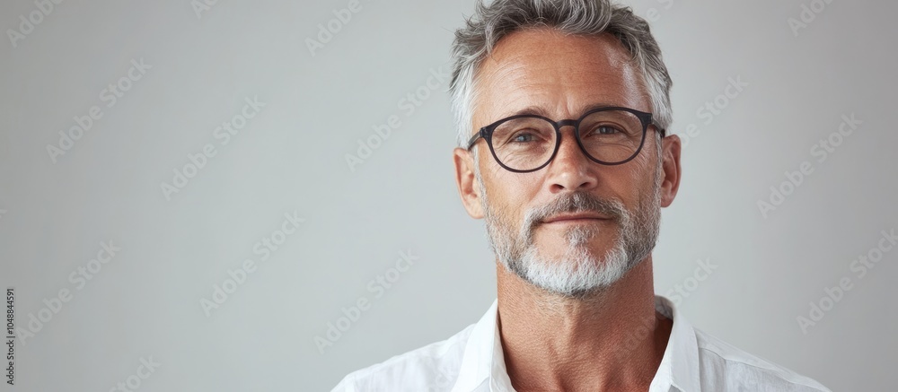 Poster Portrait of an attractive mature man against a light grey background. with copy space image. Place for adding text or design
