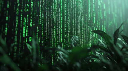 A digital art piece with code transforming into a green forest