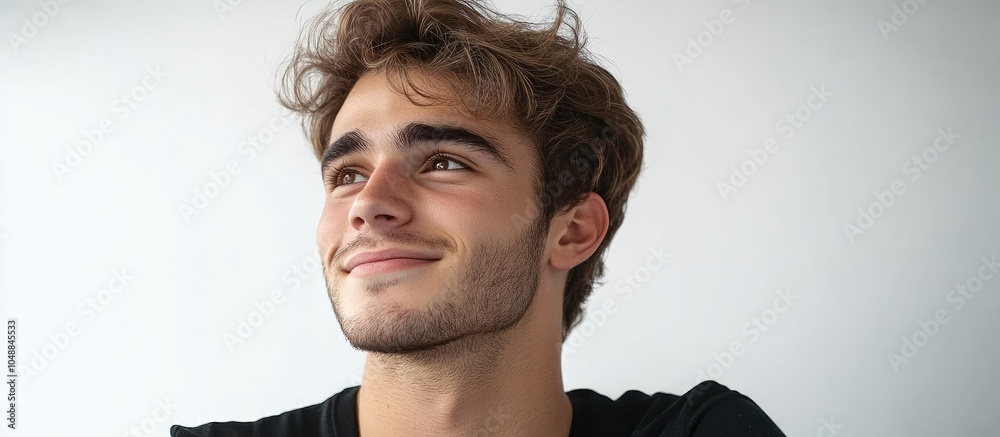 Poster close up portrait of a young man smiling and gazing off to the side against a white background. with