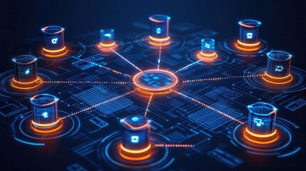 Digital network with glowing nodes and connections representing data sharing, technology, and communication in a modern ecosystem.