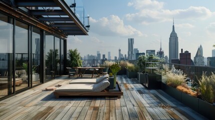 Modern Rooftop Terrace with City Skyline and Lounge Chairs