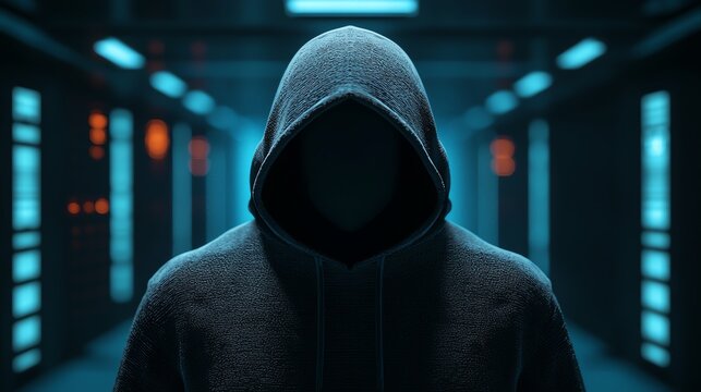 A hacker in a hoodie blending into the shadows as key digital infrastructures fall one by one, Silent coup over digital infrastructure, cyber sabotage concept