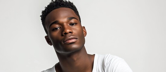 Obraz premium Attractive African American man gazing at the camera with a white background. with copy space image. Place for adding text or design