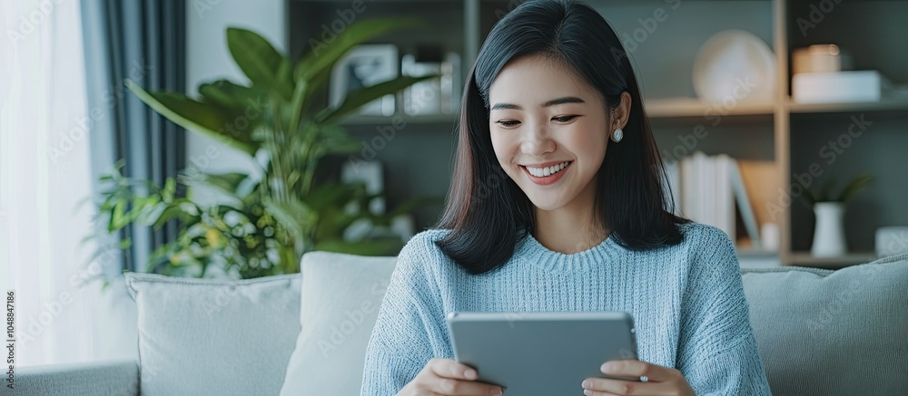 Poster Smiling Asian woman using a tablet for a video call while relaxing at home Represents the concept of young professionals working from home Copy space Image