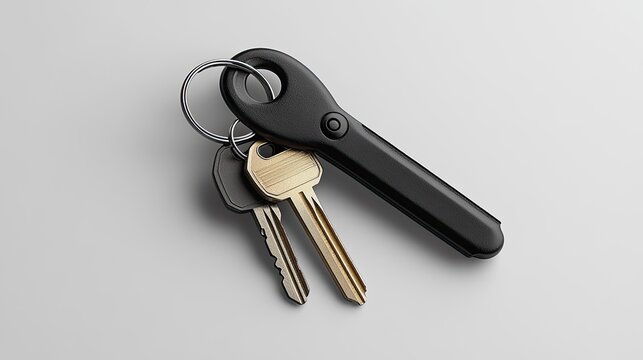 A black key finder with a button on the side attached to a keychain with two keys on a white background.