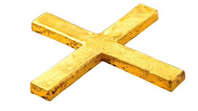 Golden cross, cut out, isolated on white background