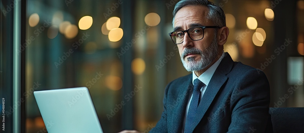 Poster Conducting business with the highest level of commitment A portrait of an experienced businessman using a laptop in an office setting. with copy space image. Place for adding text or design