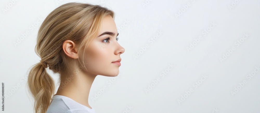 Poster young blonde woman standing in profile against a white background with empty copy space for text sid