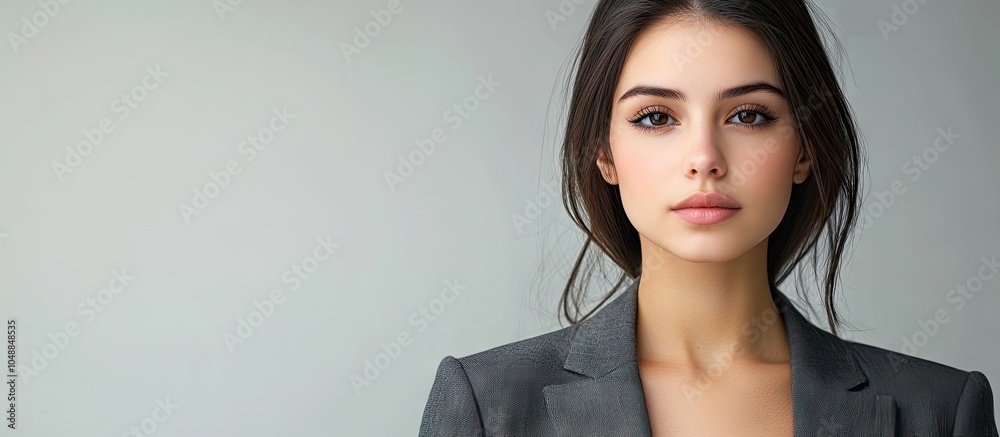 Poster business image of a young woman dressed in a casual suit. with copy space image. place for adding te