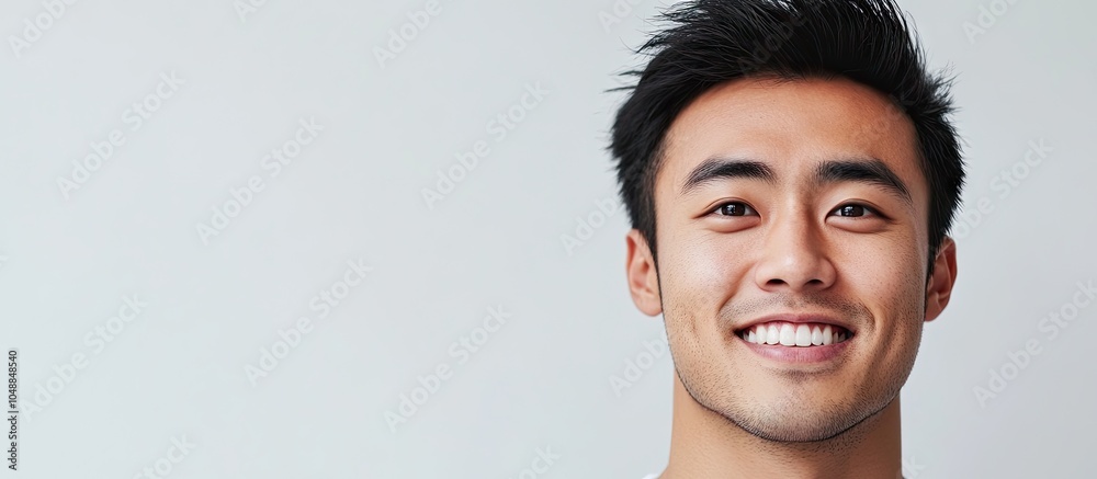 Poster smiling asian male. with copy space image. place for adding text or design