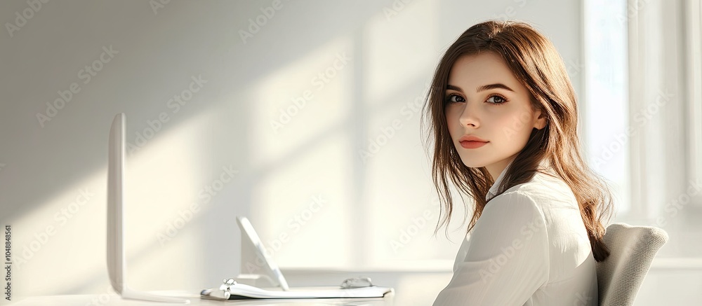 Poster attractive businesswoman seated at a desk in the office. with copy space image. place for adding tex