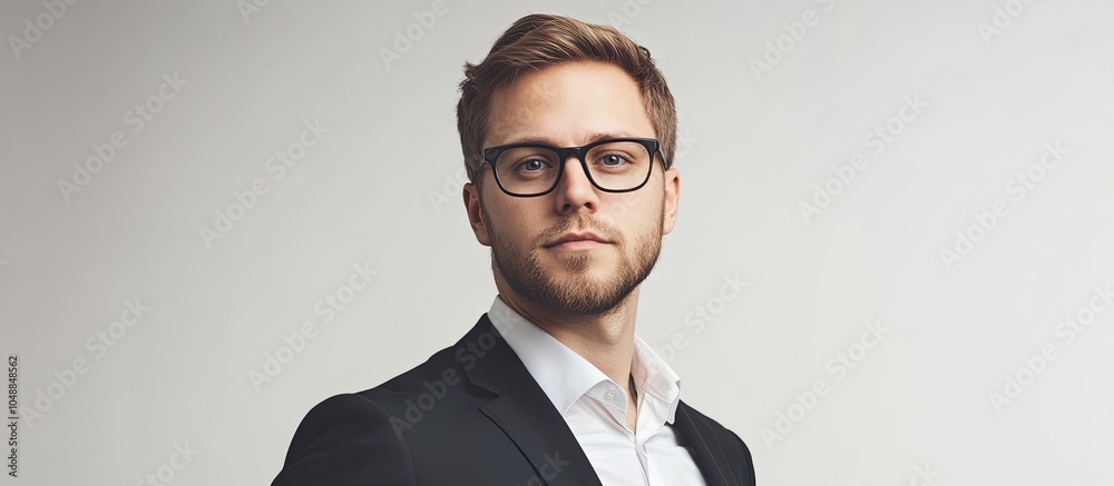 Poster portrait of an attractive man in a suit and glasses set against a white background copyspace for tex