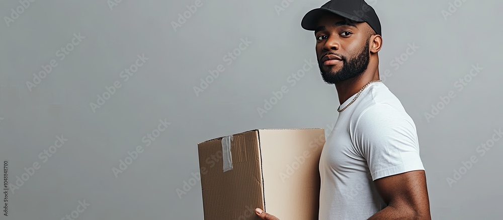 Wall mural delivery concept attractive african american delivery man isolated against a grey studio background 