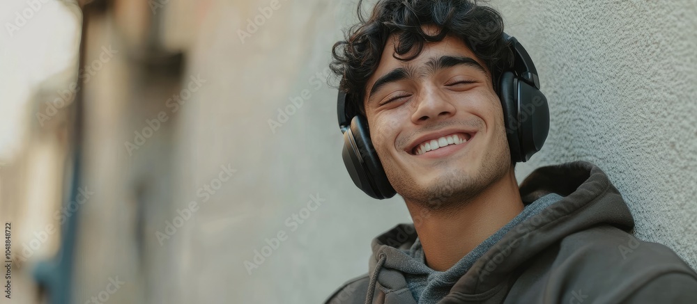 Poster hispanic young man smiling while wearing headphones and leaning against the wall. with copy space im