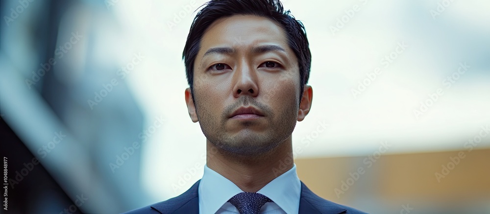 Poster portrait of a japanese man in his thirties wearing a suit. with copy space image. place for adding t