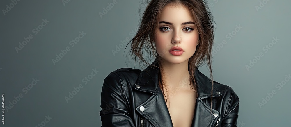 Poster studio portrait of a good looking young woman wearing a black leather jacket set against a simple ba