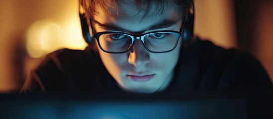 Hacker A young man with a laptop is focused on the screen. with copy space image. Place for adding text or design