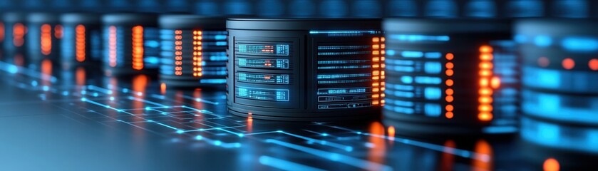 Modern data storage system with illuminated servers in a sleek design, showcasing advanced technology and security features.
