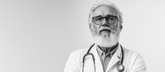 Studio shot of an elderly bearded male doctor set against a white background in black and white. with copy space image. Place for adding text or design