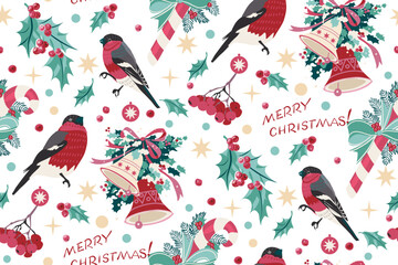  Christmas pattern with hand drawn elements as bullfinches, bells, and Christmas decorations. Can be used for wrapping paper, backgrounds, textile pattern, your own design.