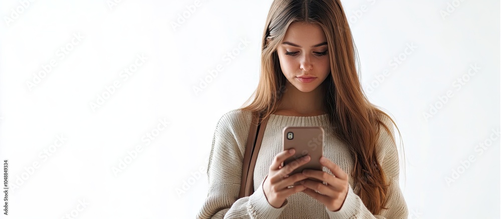 Poster young caucasian woman holding a smartphone in portrait orientation set against a white background wi