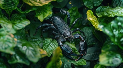A Black Scorpion Camouflaged Amongst Lush Green Foliage