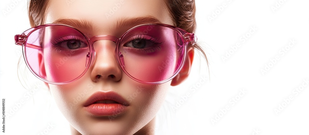 Poster portrait of a teenage girl wearing large pink glasses isolated on a white background. with copy spac