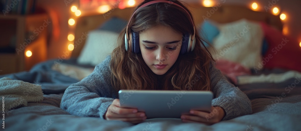 Poster Caucasian teenage girl with headphones using a digital tablet while lying on a bed in her dorm room. with copy space image. Place for adding text or design