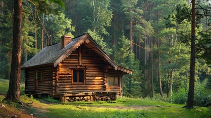 Obraz premium A Rustic Wooden Cabin Nestled in a Lush Forest