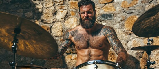 Charming drummer Portrait of a humorous bearded man without a shirt showcasing his tattooed body as he plays the drums while seated against a stone wall backdrop. with copy space image