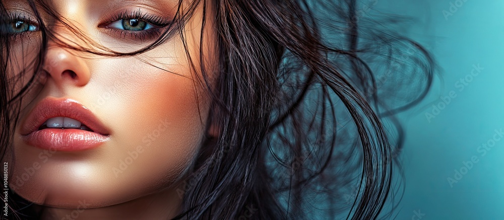 Poster portrait of a stunning and expressive young brunette woman. with copy space image. place for adding 