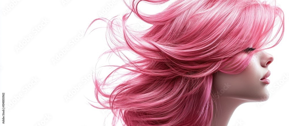 Poster Pink shiny hair set against a white background Space available for text. with copy space image. Place for adding text or design
