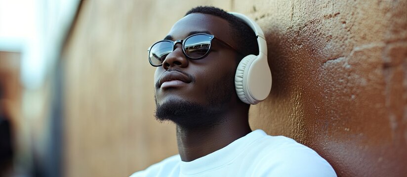 African American male athlete wearing headphones enjoying music outside near a wall copy space - Powered by Adobe
