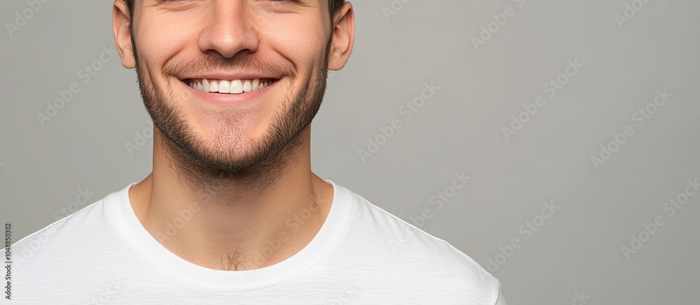 Poster close up portrait of a smiling young man wearing a white t shirt against a grey studio background. w