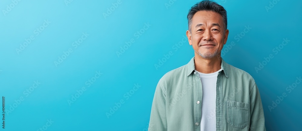 Poster An older Asian man dressed in casual attire is standing against a blue background. with copy space image. Place for adding text or design