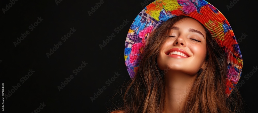 Poster joyful girl wearing a vibrant hat and having long brown hair urban setting with a black backdrop. wi