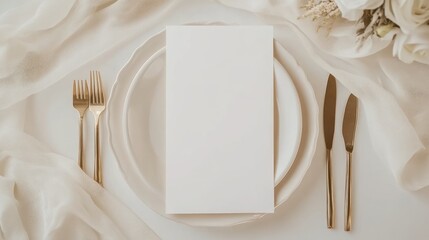 A minimalist dining setup featuring a blank menu on an elegant plate.